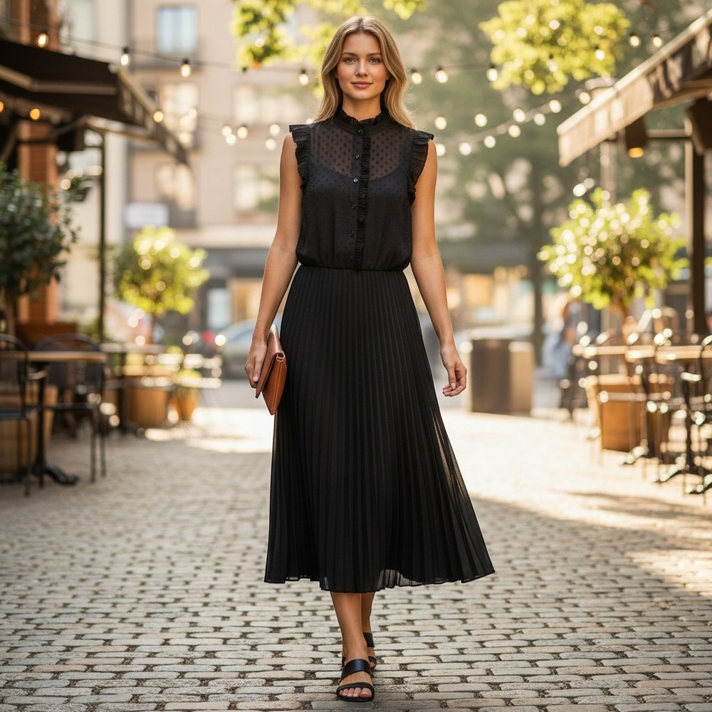 Current Air Pleated Midi Dress Tracy Mock Neck Ruffle Midi Dress XS retro preppy